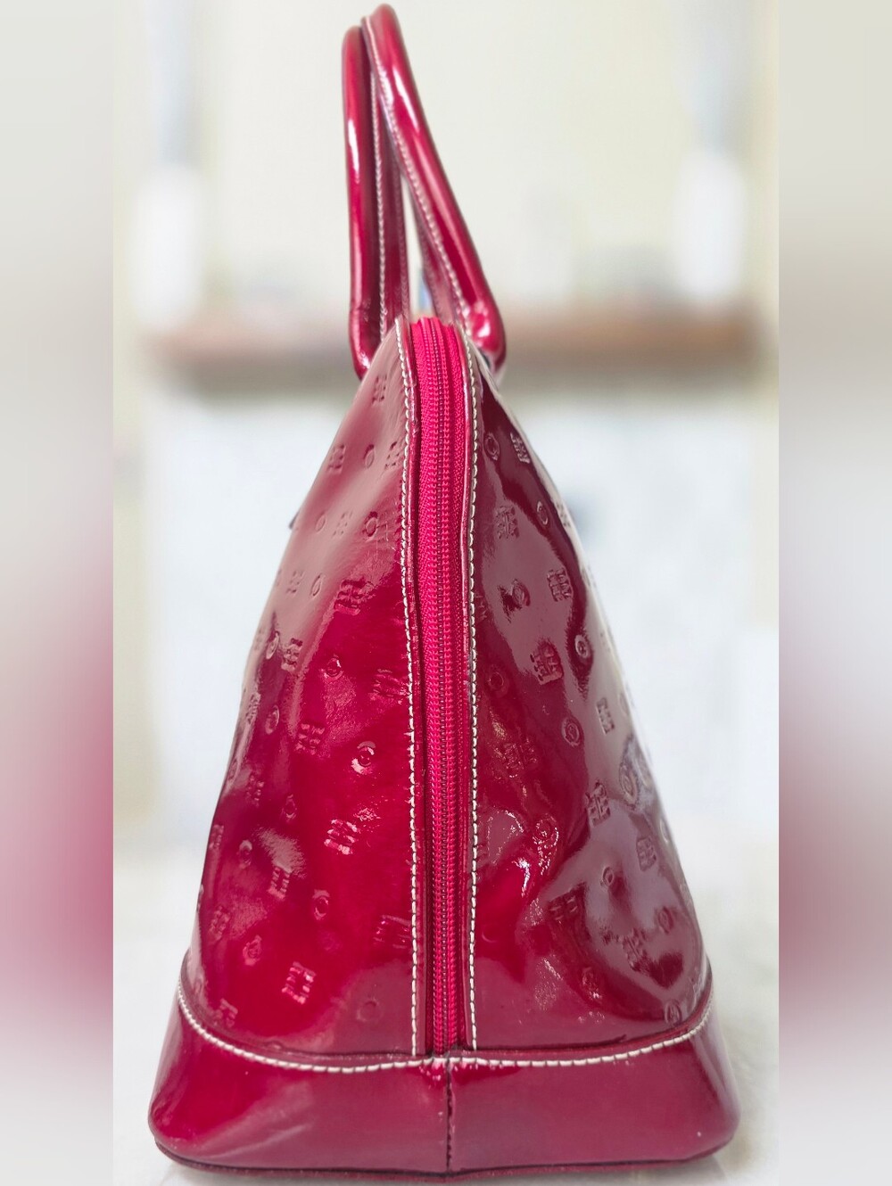 Arcadia Italian Patent Leather Monogram Zip Satchel in Cherry Red - Picture 3 of 15